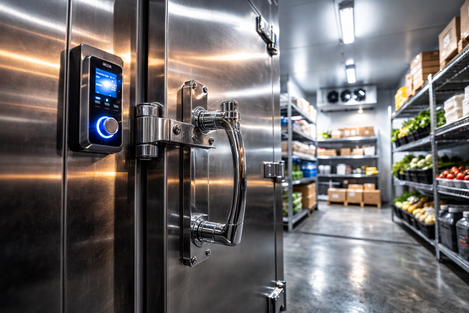 Walk-in freezer door with digital lock, opening to a stocked grocery storage aisle