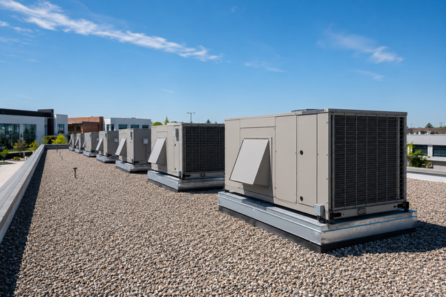 Row of rooftop HVAC units on a gravel-covered building under a blue sky