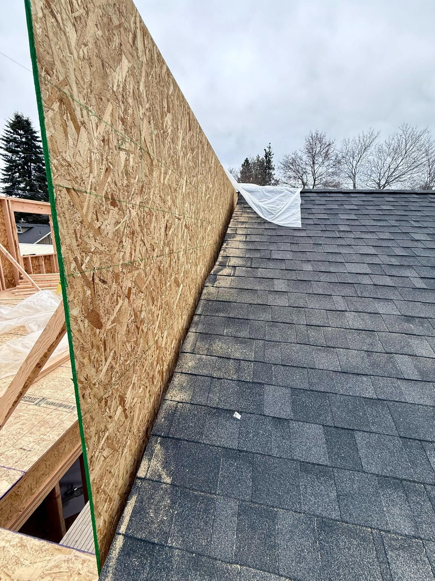 OSB board against a shingled roof, construction site, overcast sky.