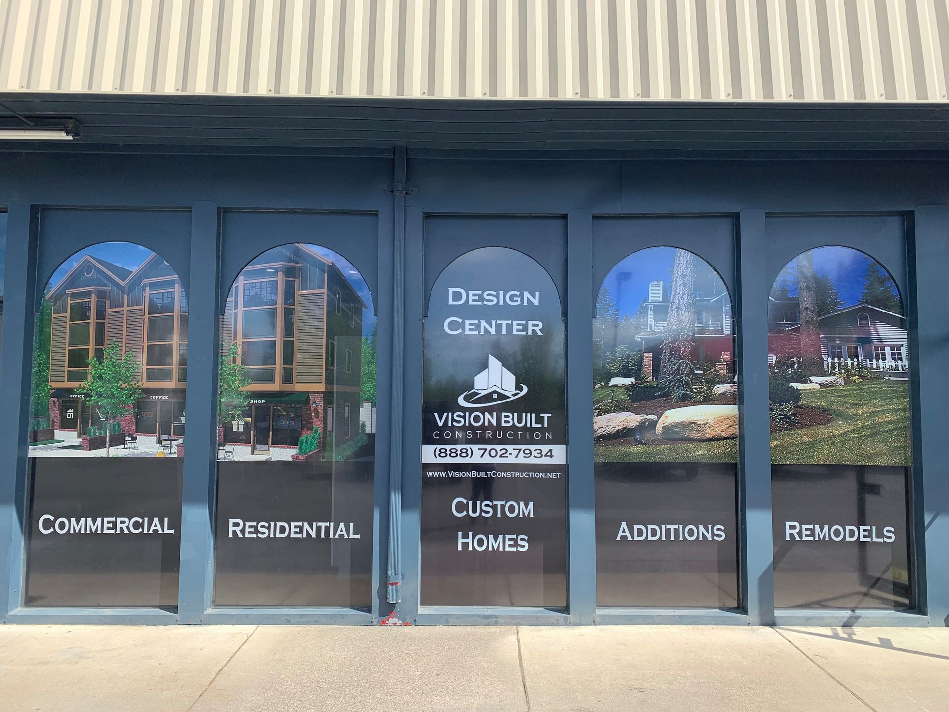 Storefront with design services: Commercial, Residential, Additions, Remodels, and Custom Homes.