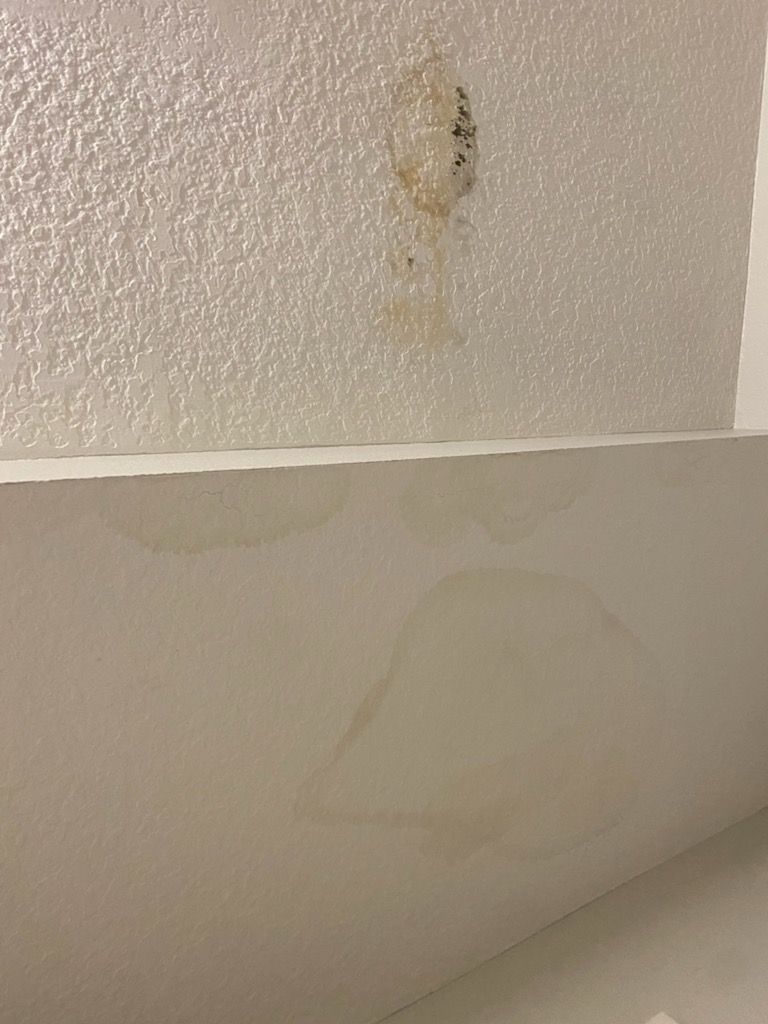 A close up of a white wall with a stain on it.