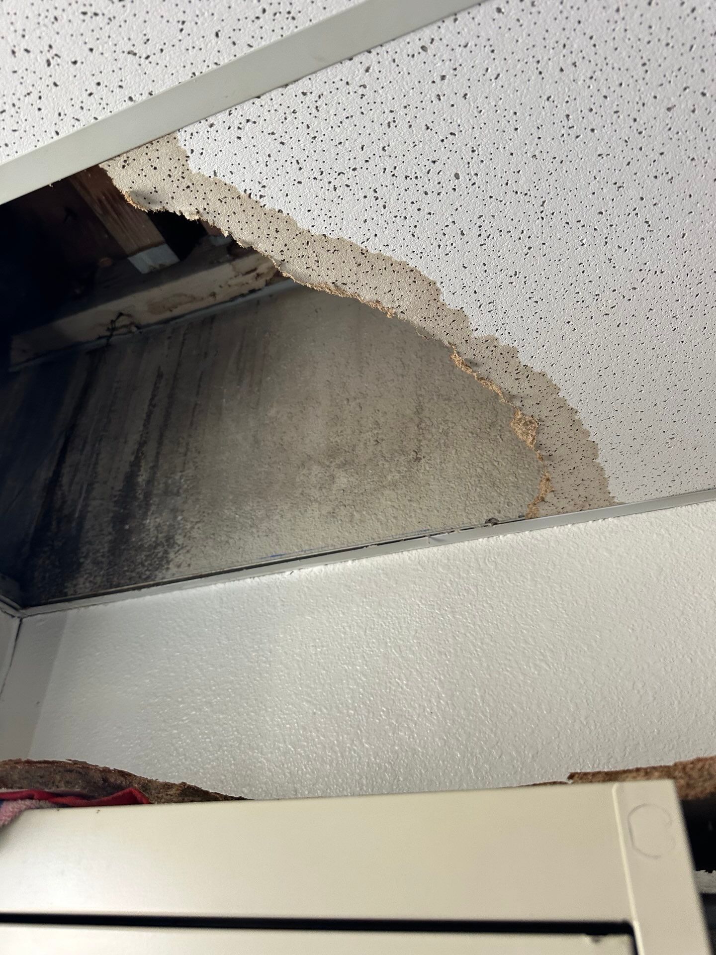 A person is looking up at a ceiling with a hole in it.