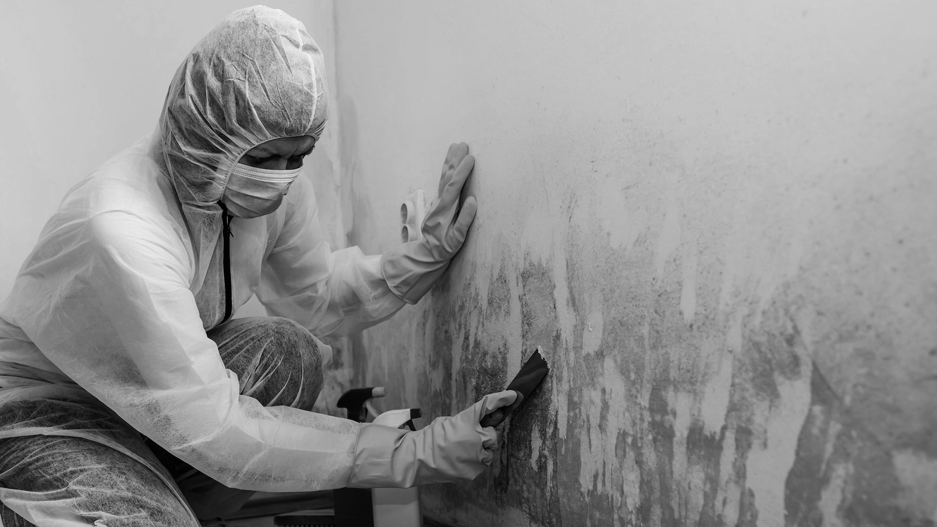 A man in a protective suit is cleaning a wall with a spatula.