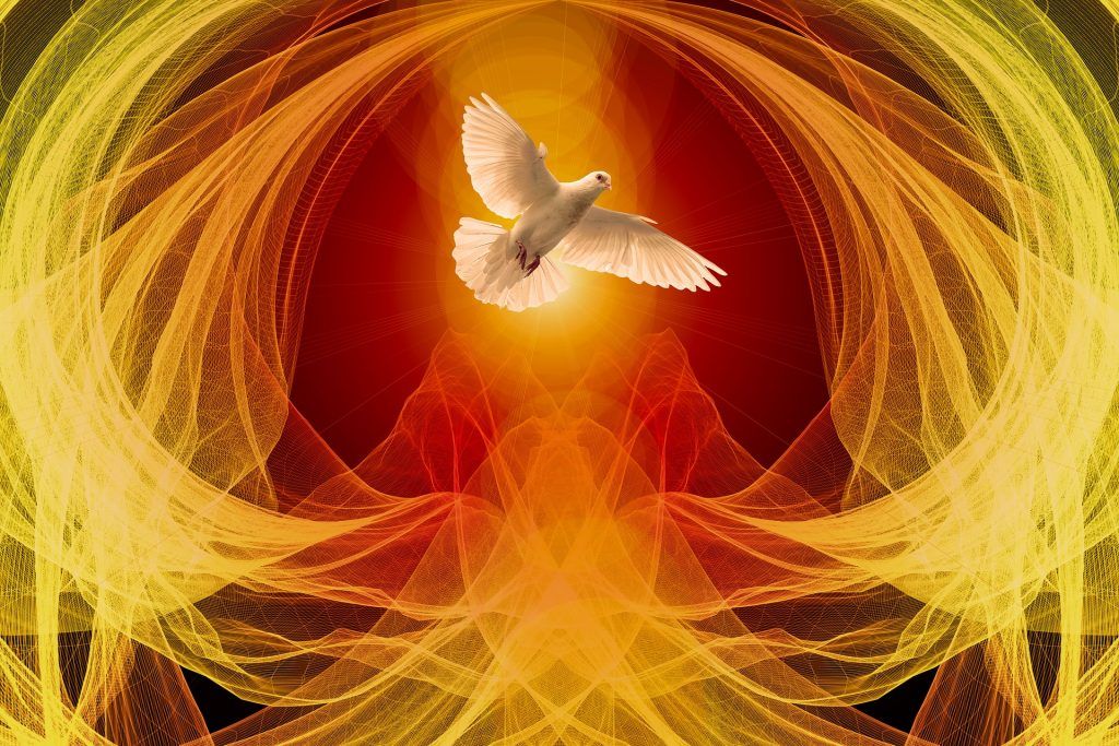 Holy Spirit as a dove within a dynamic, heart-shaped image