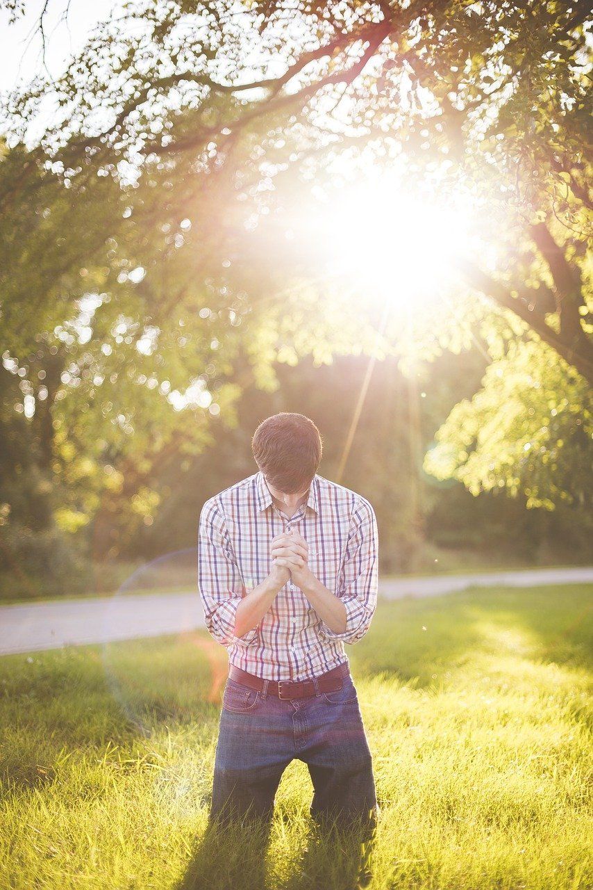 Man praying in a park with bright sunlight beaming down upon him.