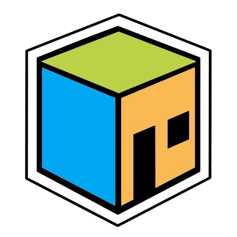 Un'icona colorata a forma di cubo con lati blu, arancioni e verdi, una porta e una finestra nere e un esagono bianco al centro.