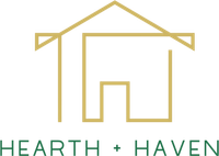 Gold line drawing of a house with the words 