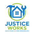 Logo for Justice Works: Blue house, hammer, and wrench in a green circle; "Justice Works" in blue and green; "Handyman & Home Remodeling."