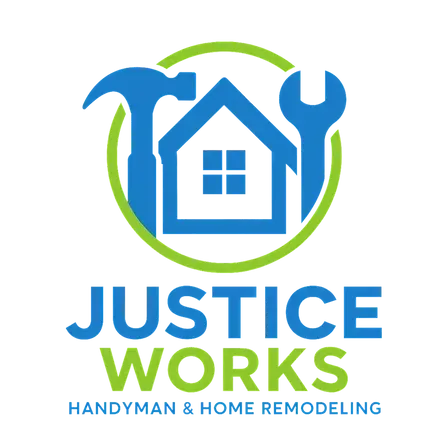 Logo for Justice Works: Blue house, hammer, and wrench in a green circle; "Justice Works" in blue and green; "Handyman & Home Remodeling."