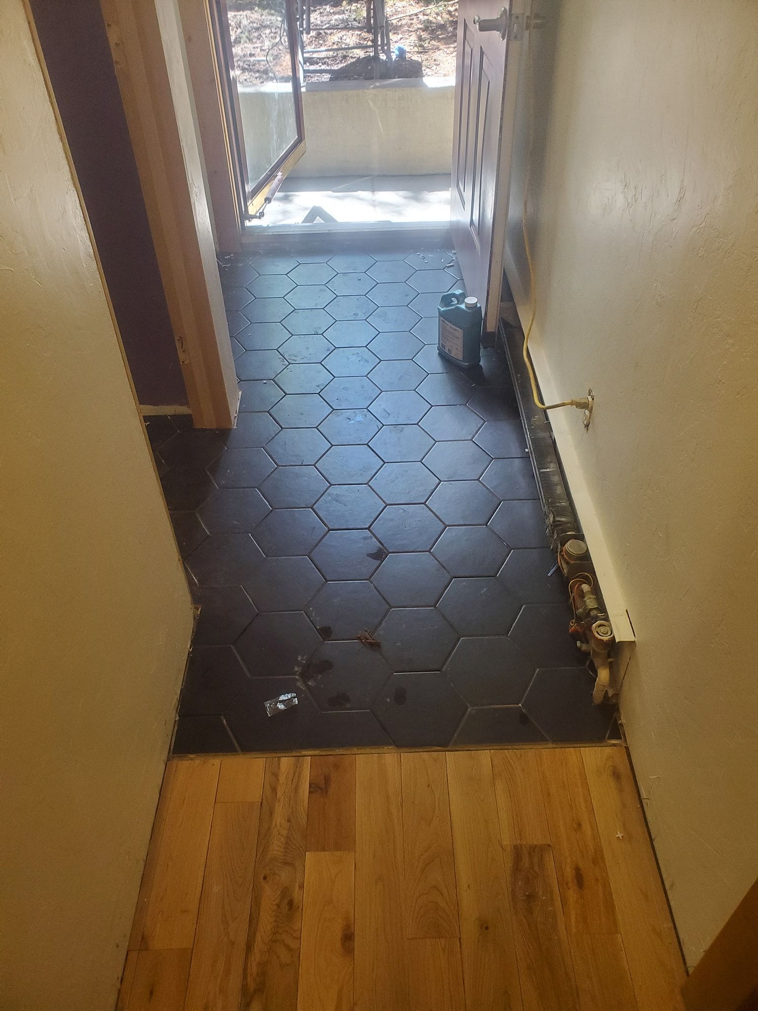 Hallway with dark hexagon floor tiles transitioning to wood flooring. Doorway visible at the end.
