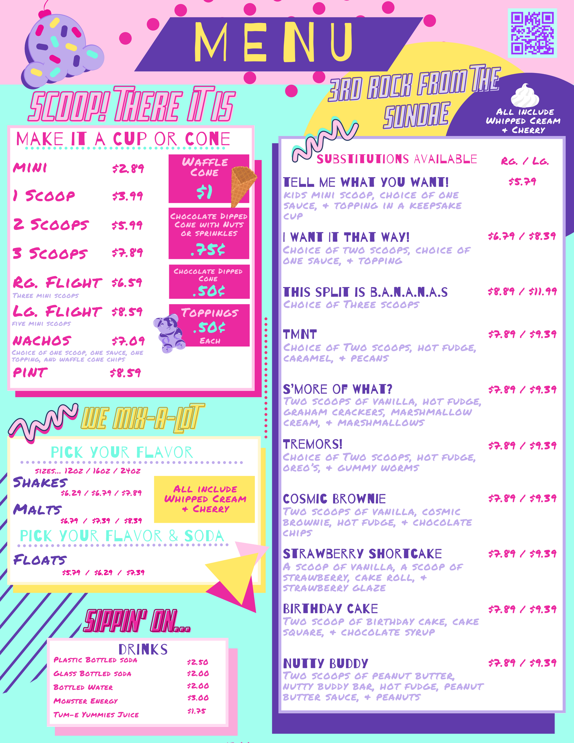 An ice cream shop menu in a colorful, 90s-style aesthetic featuring pricing for scoops, sundaes, shakes, and floats.