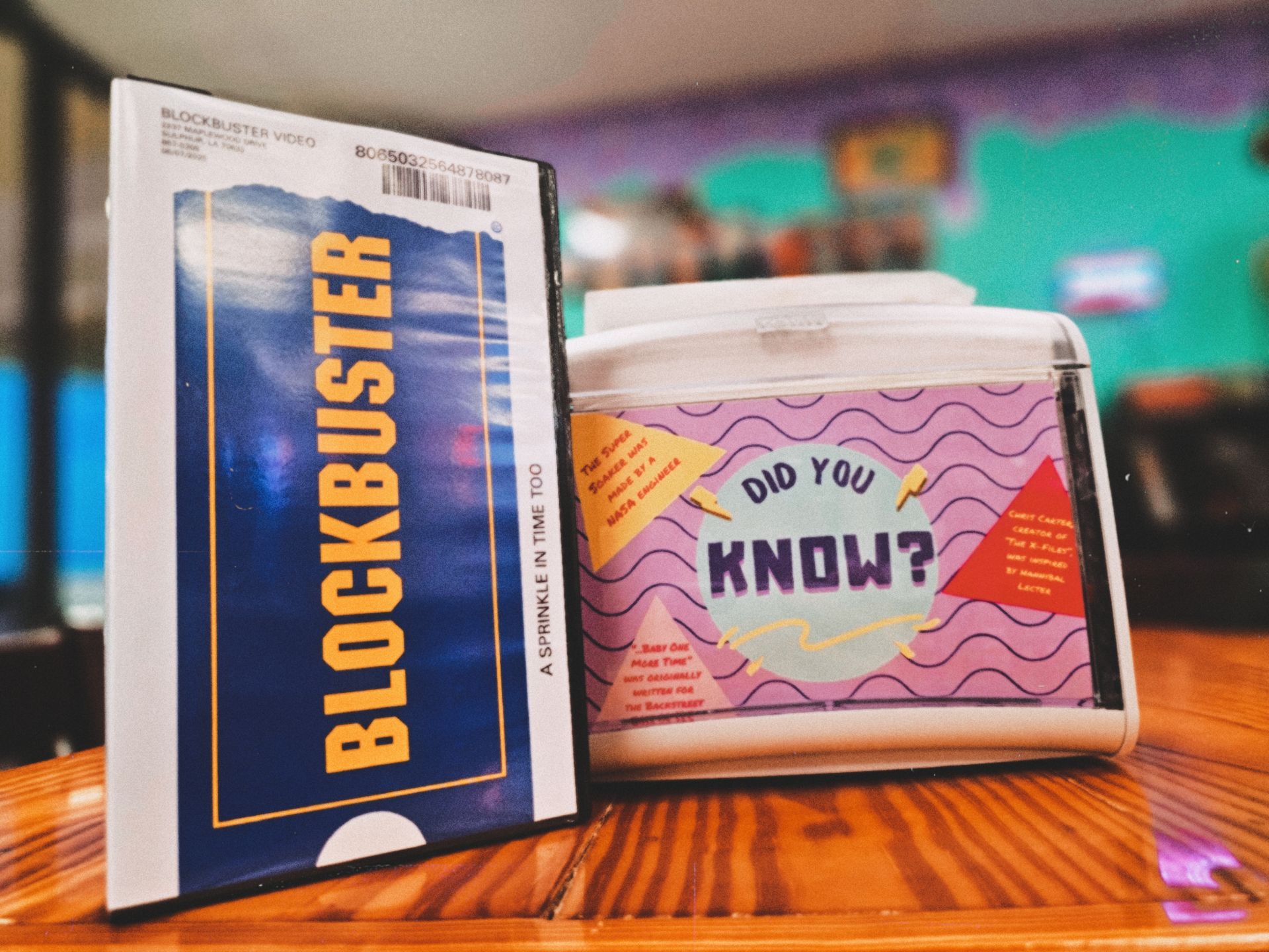 A napkin holder with a blockbuster sign on it