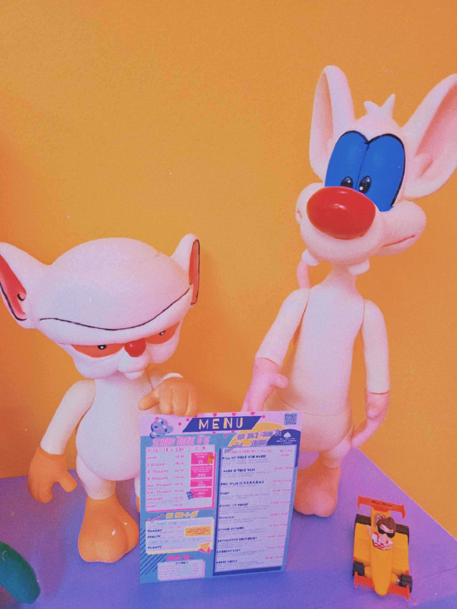 Pinky and the brain toys holding a menu on a table