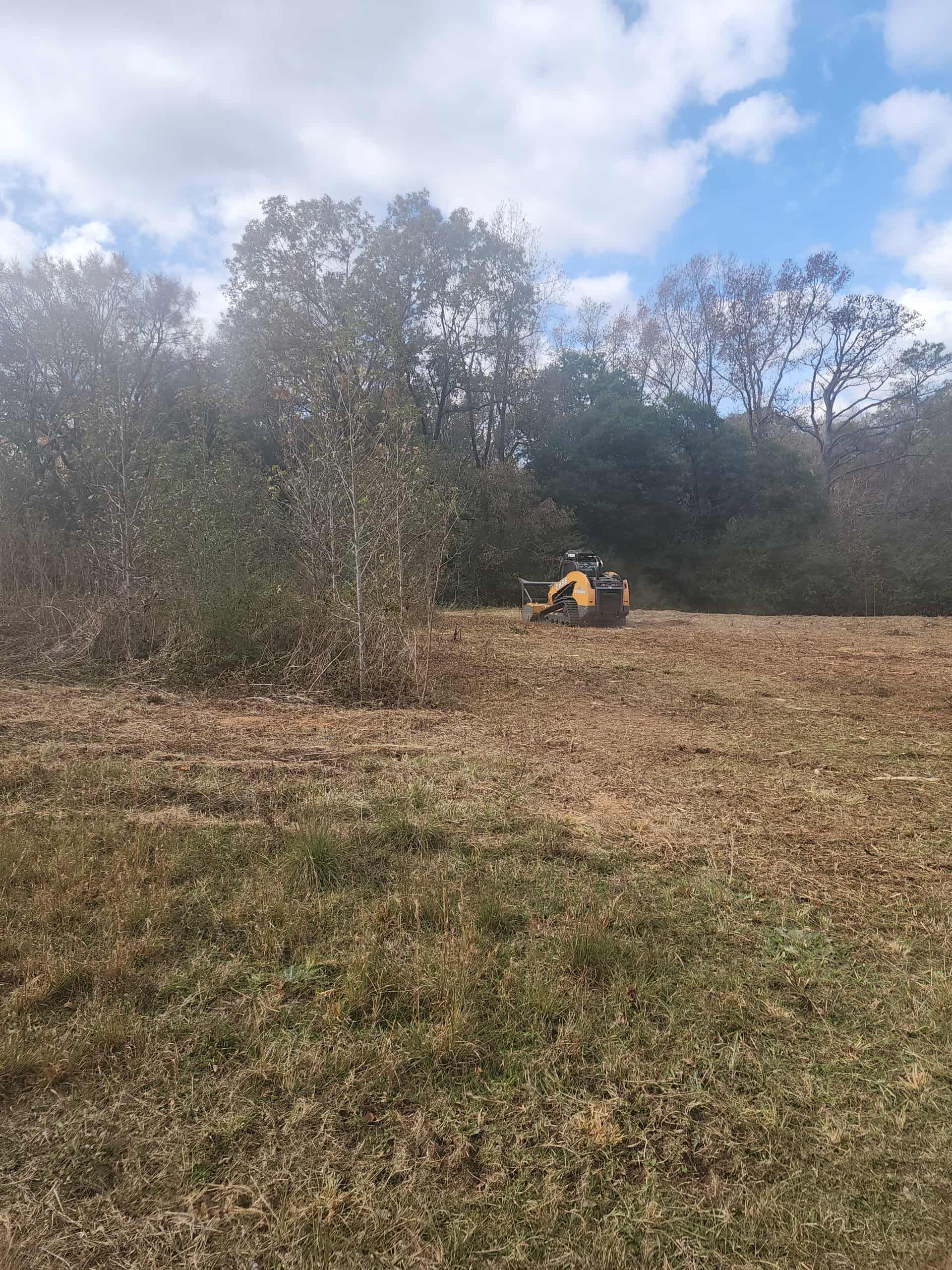 Yellow construction vehicle clearing brush; field with trees and blue sky.