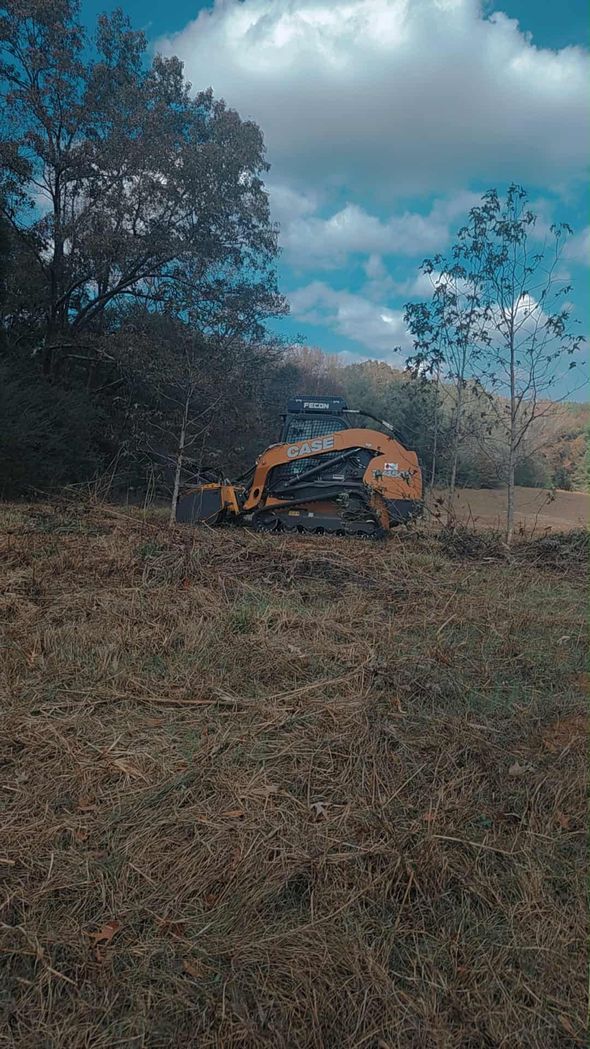 A compact track loader clearing brush in a field. Blue sky with clouds.