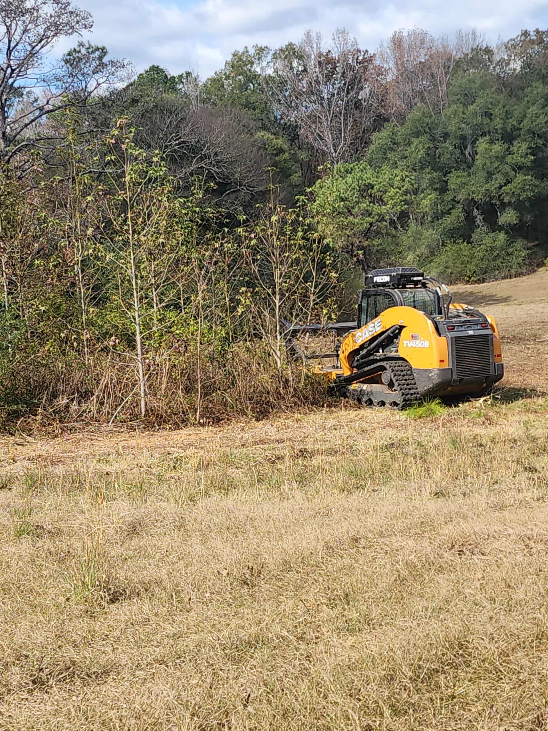 A small orange and black track loader clearing brush on a grassy field, with trees in the background.