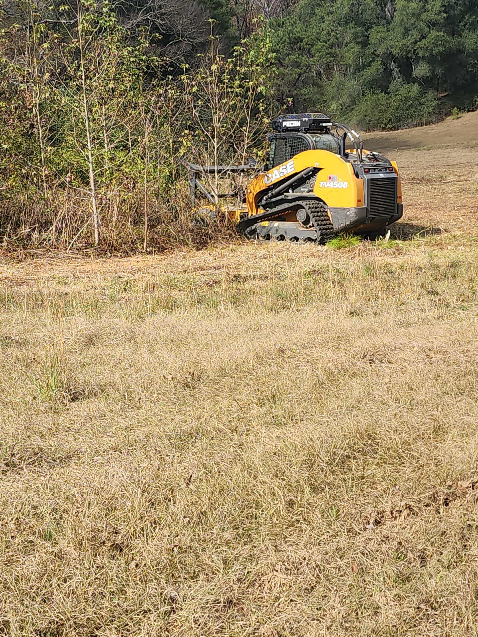 Yellow and black tracked brush cutter clearing vegetation on a grassy hillside.