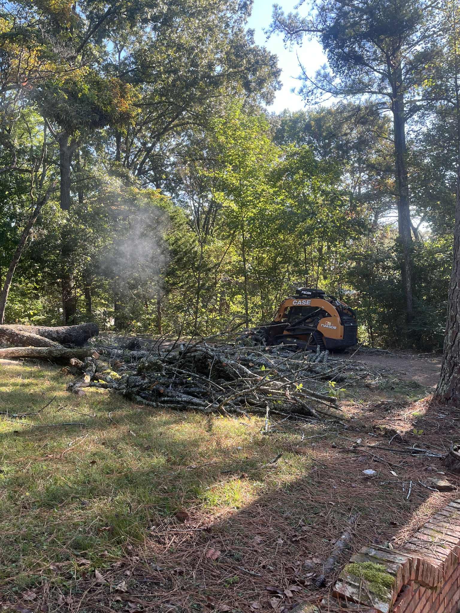 A skid steer mulching brush in a wooded area, with a pile of shredded debris and trees.