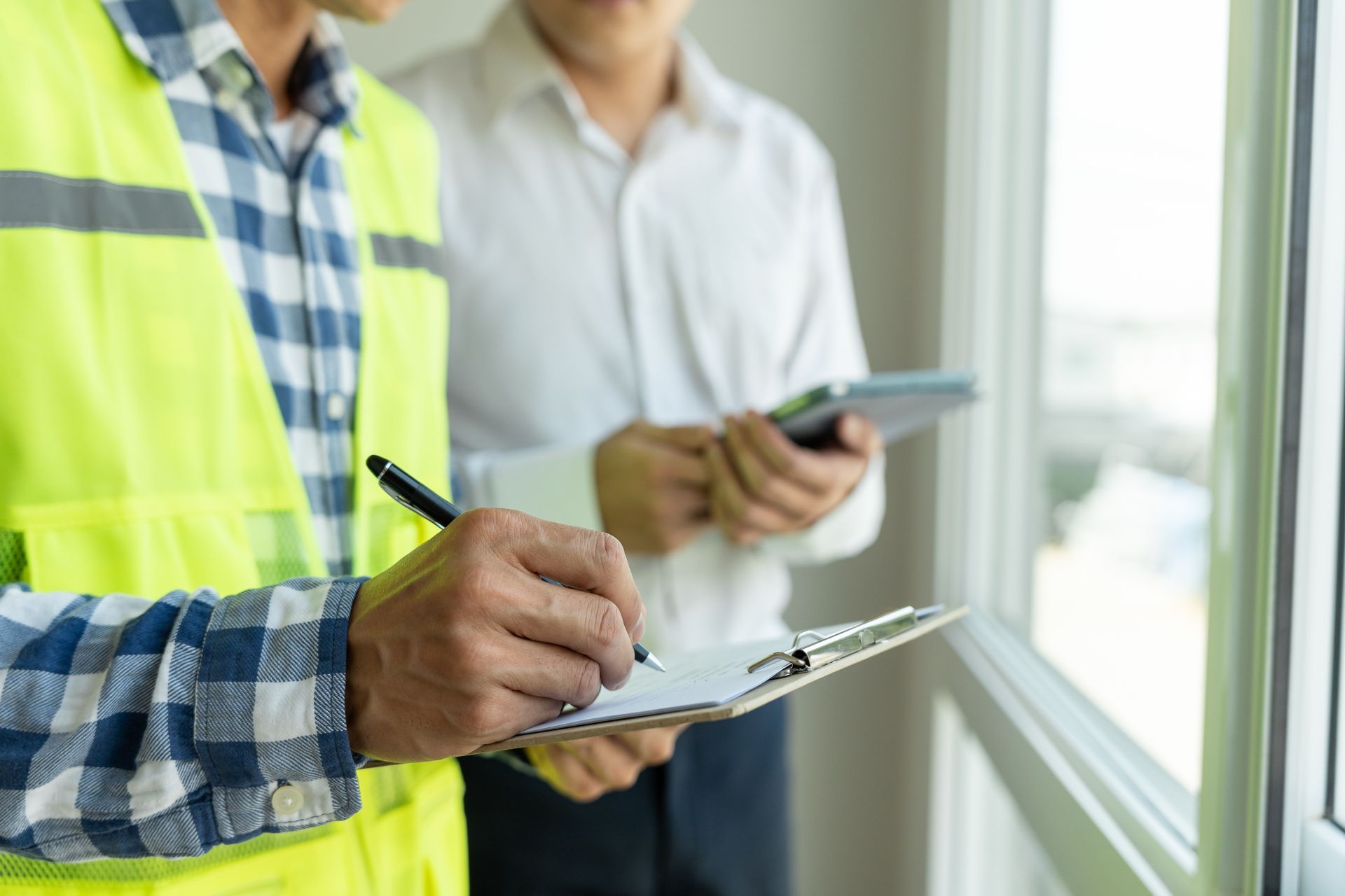 Two people inspecting a building; one writes on a clipboard, the other holds a tablet near a window.