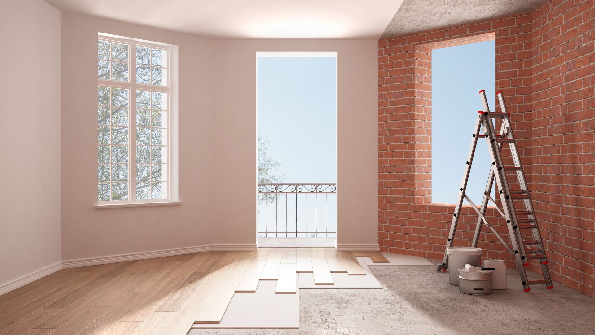 An empty room with a ladder in the corner and a brick wall.