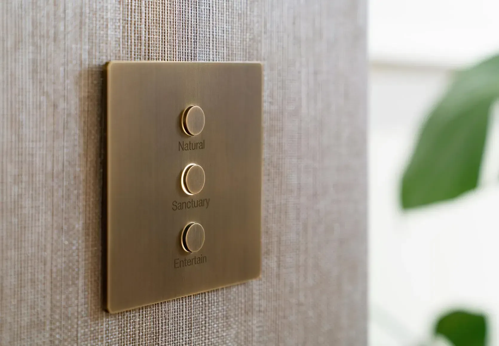 A gold-toned wall light switch with three circular buttons, mounted on a textured, wood-patterned surface.