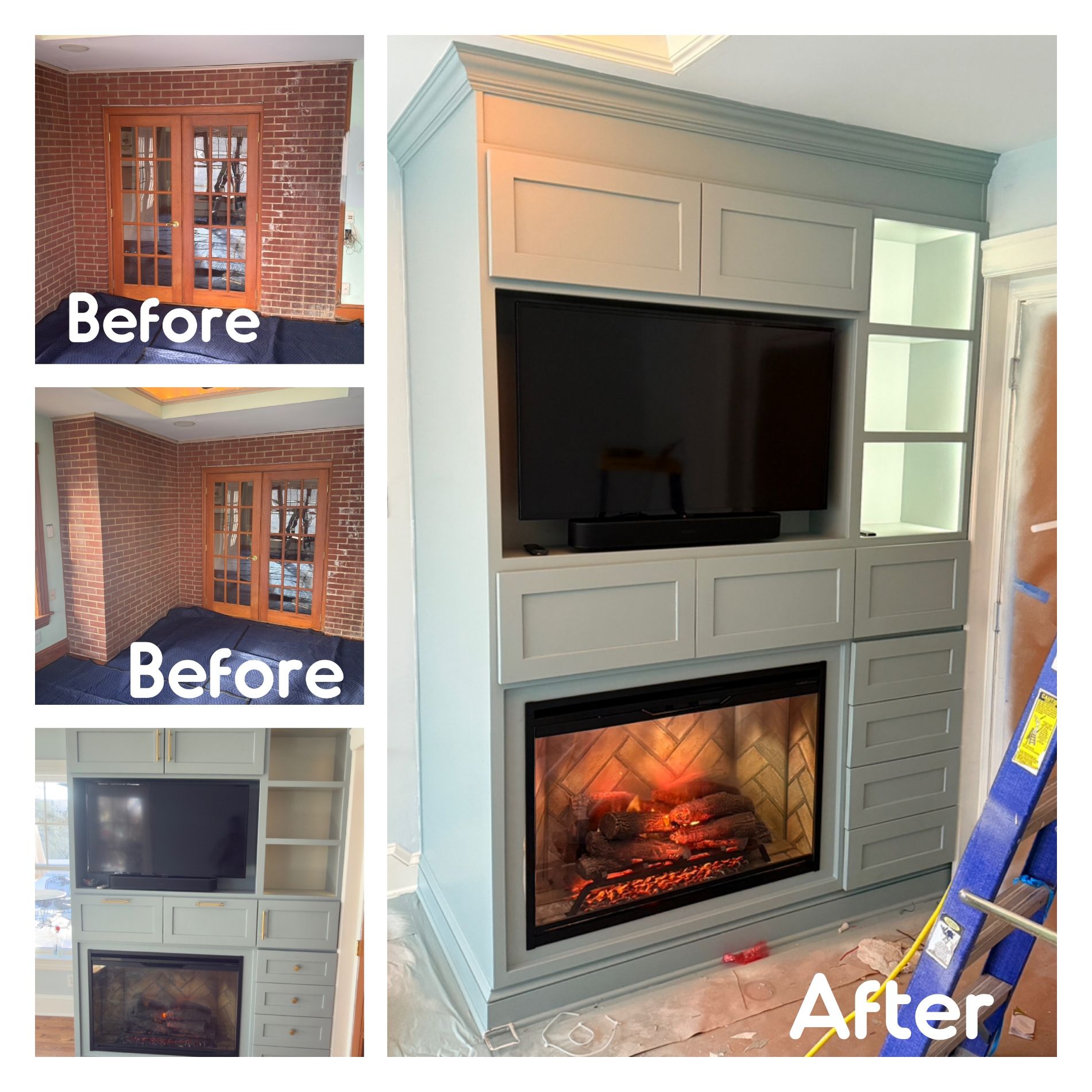 A composite showing a room transformation: brick wall and French doors replaced by a large, light-blue custom fireplace.