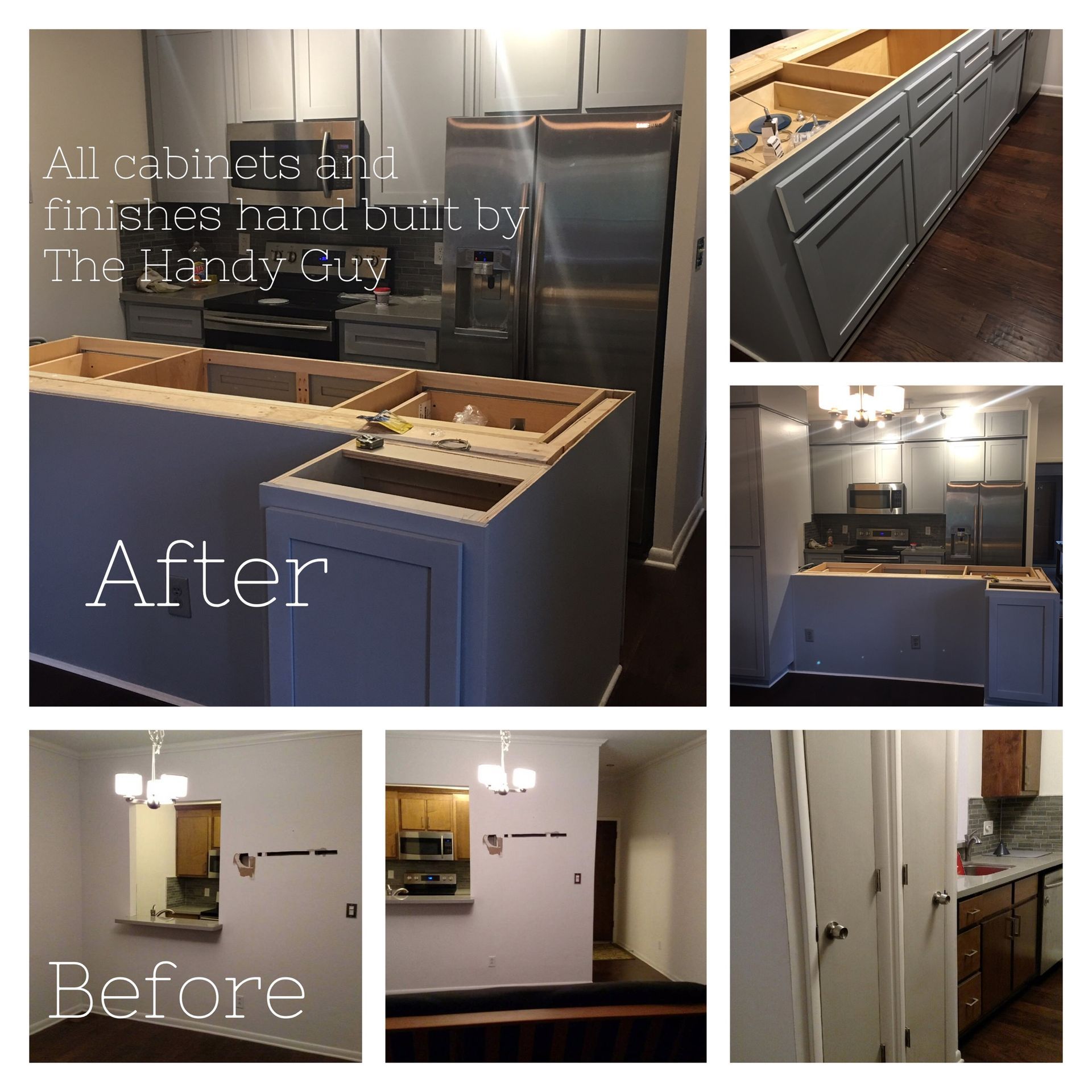 A collage showing before and after photos of a kitchen renovation featuring hand-built cabinets and blue finishes.