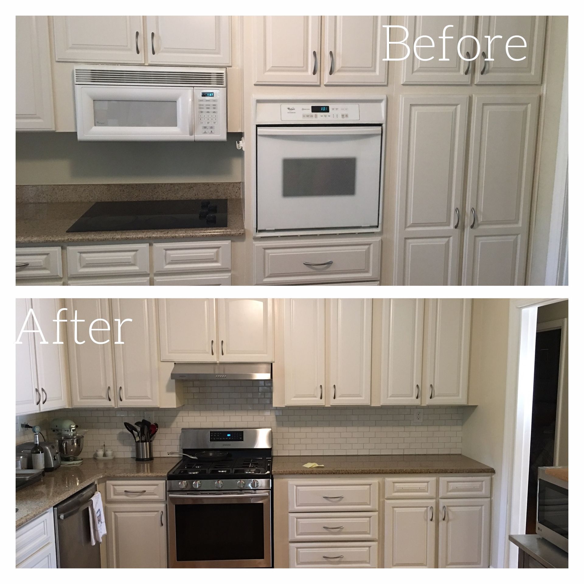 Before and after comparison of a kitchen renovation featuring new stainless steel appliances and a subway tile backsplash.