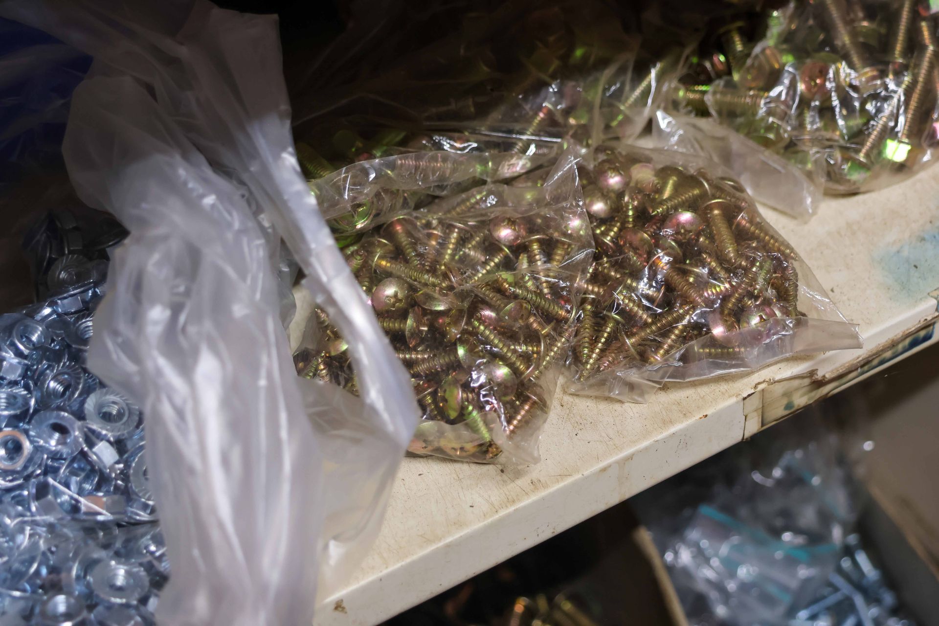 Assorted metal bolts and fasteners in plastic bags on a shelf, with blue washers nearby