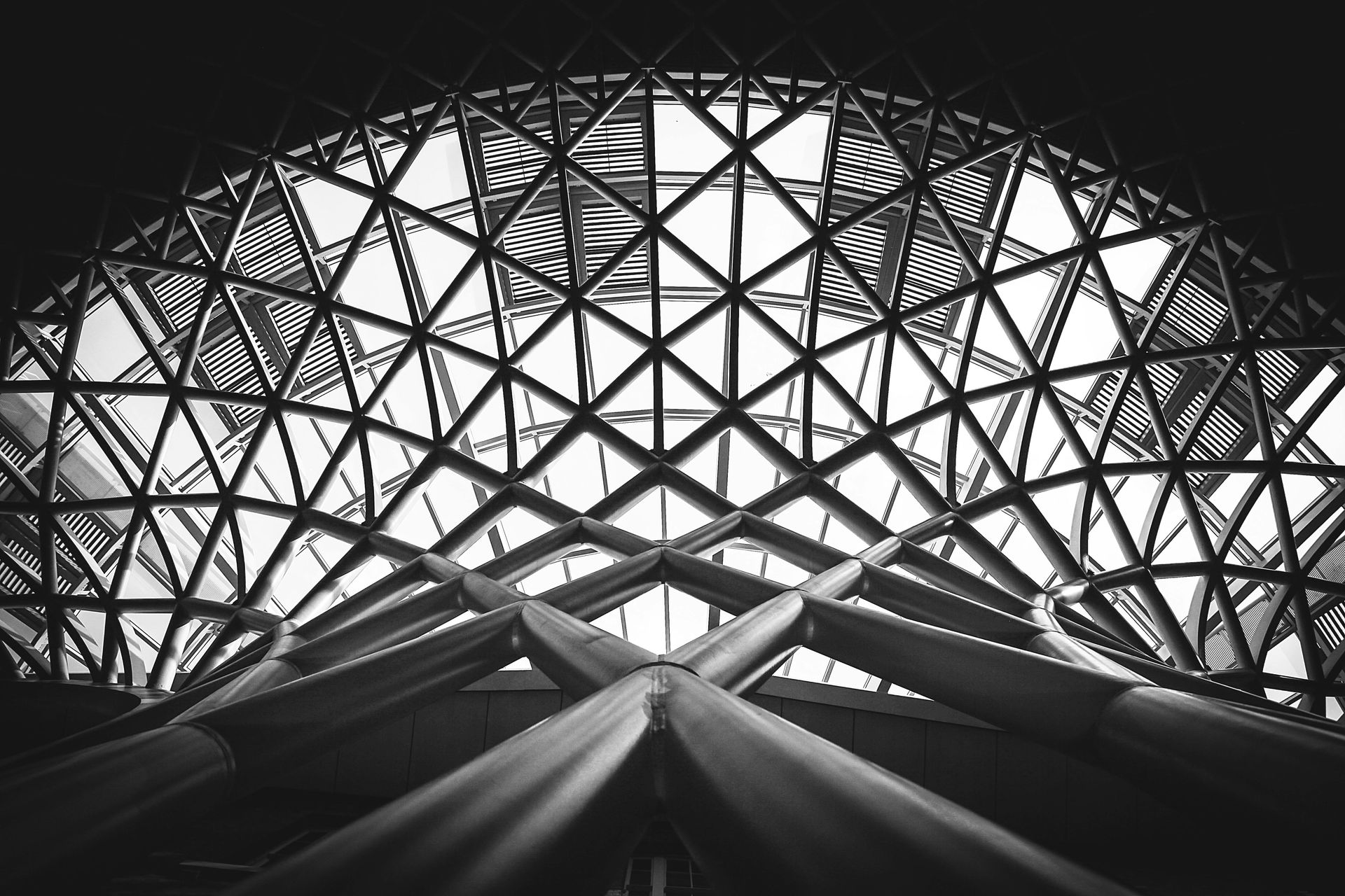 Black and white photo of a complex geometric glass and steel dome structure.