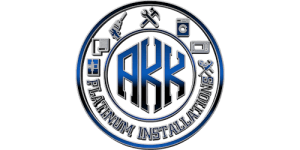 Logo for AKK Platinum Installations, a circular design featuring tools, appliances, and stylized initials.