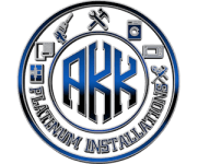 Logo for AKK Platinum Installations, a circular design featuring tools, appliances, and stylized initials.
