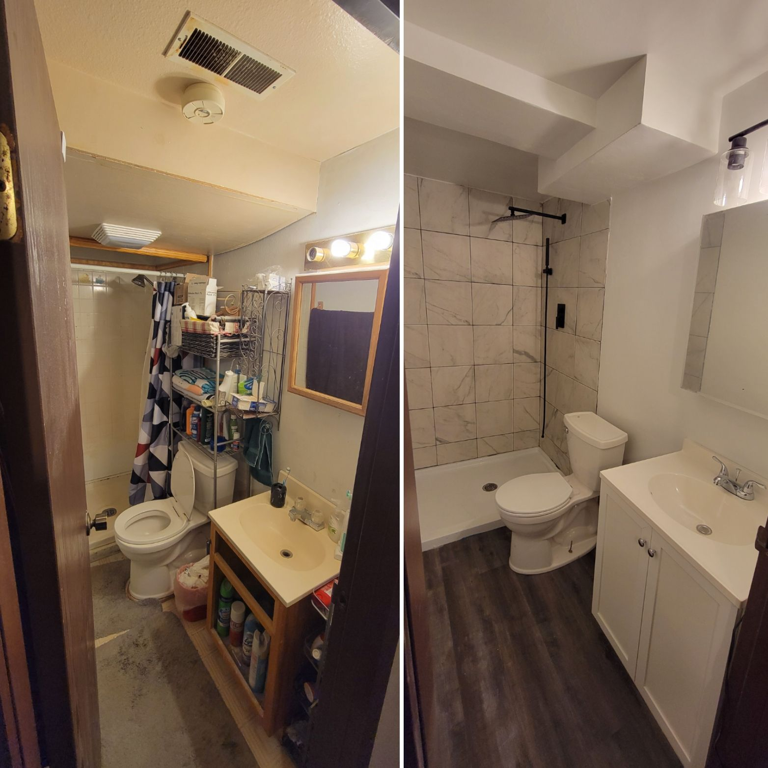 Bathroom renovation before and after: white tile shower, new vanity, dark wood-look flooring.