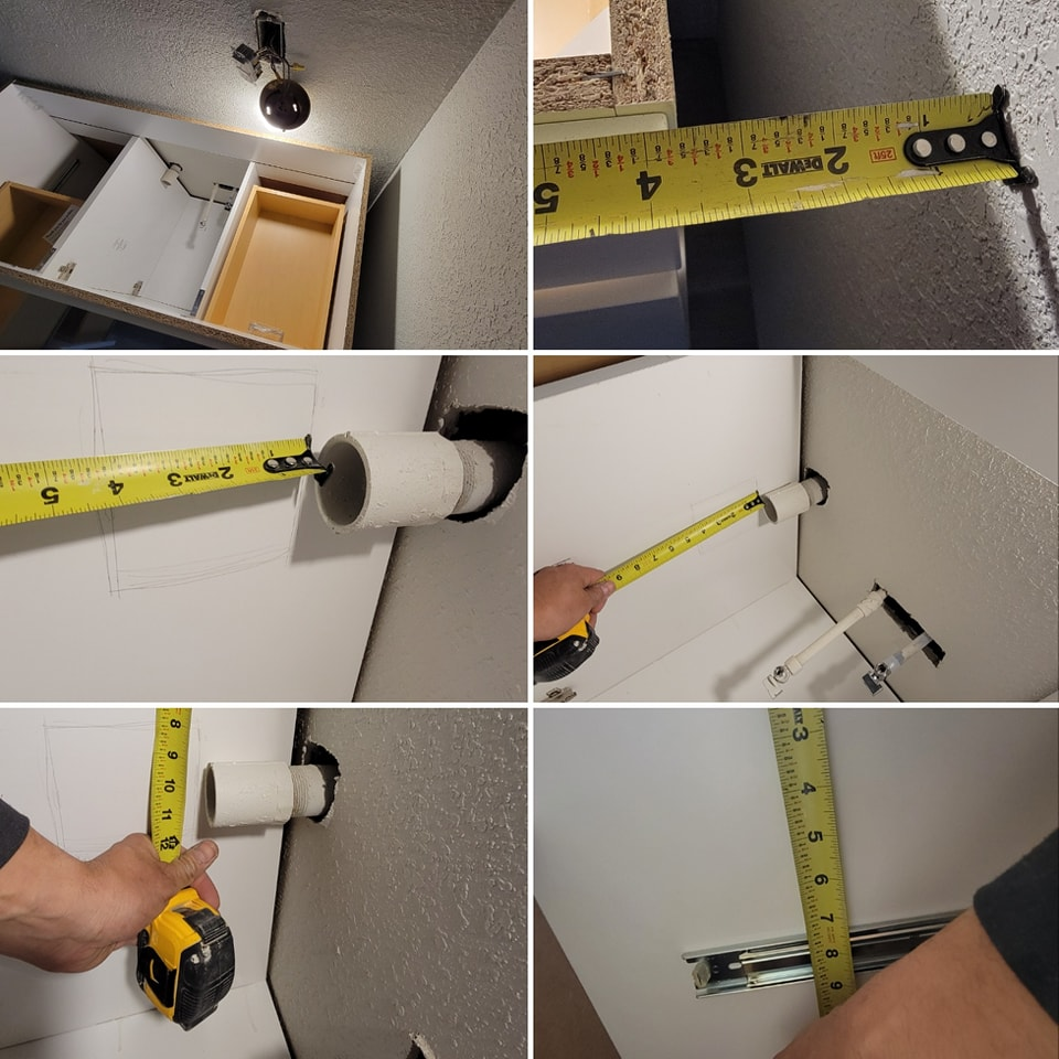 Person using a tape measure to measure a cabinet, various angles. Cabinet is white, some interior elements visible.