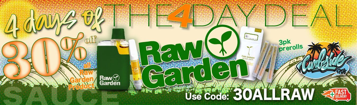 Banner ad: 4-day deal, 30% off Raw Garden products. Sunset background with product images and coupon code 30ALLRAW.