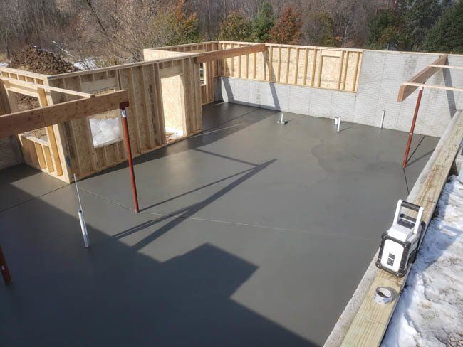 An aerial view of a concrete basement under construction