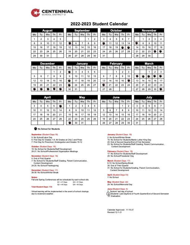 Centennial School District Calendar Circle Pines MN