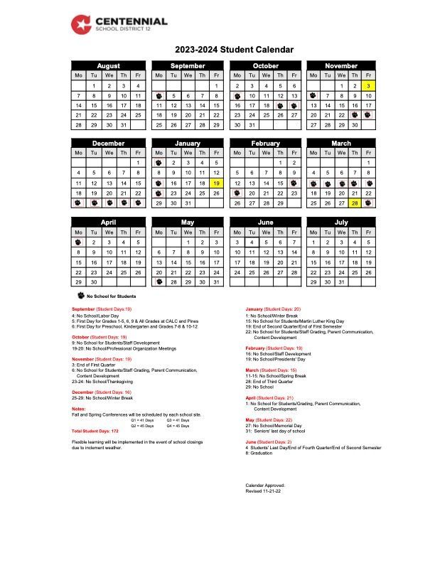 Centennial School District calendar