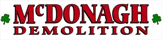 A red and white logo for mcdonagh demolition