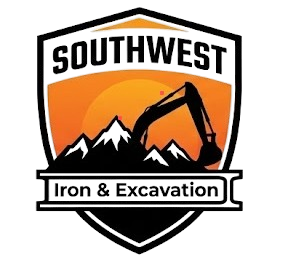 Southwest Iron & Excavation logo with mountains, excavator, and orange sunset background