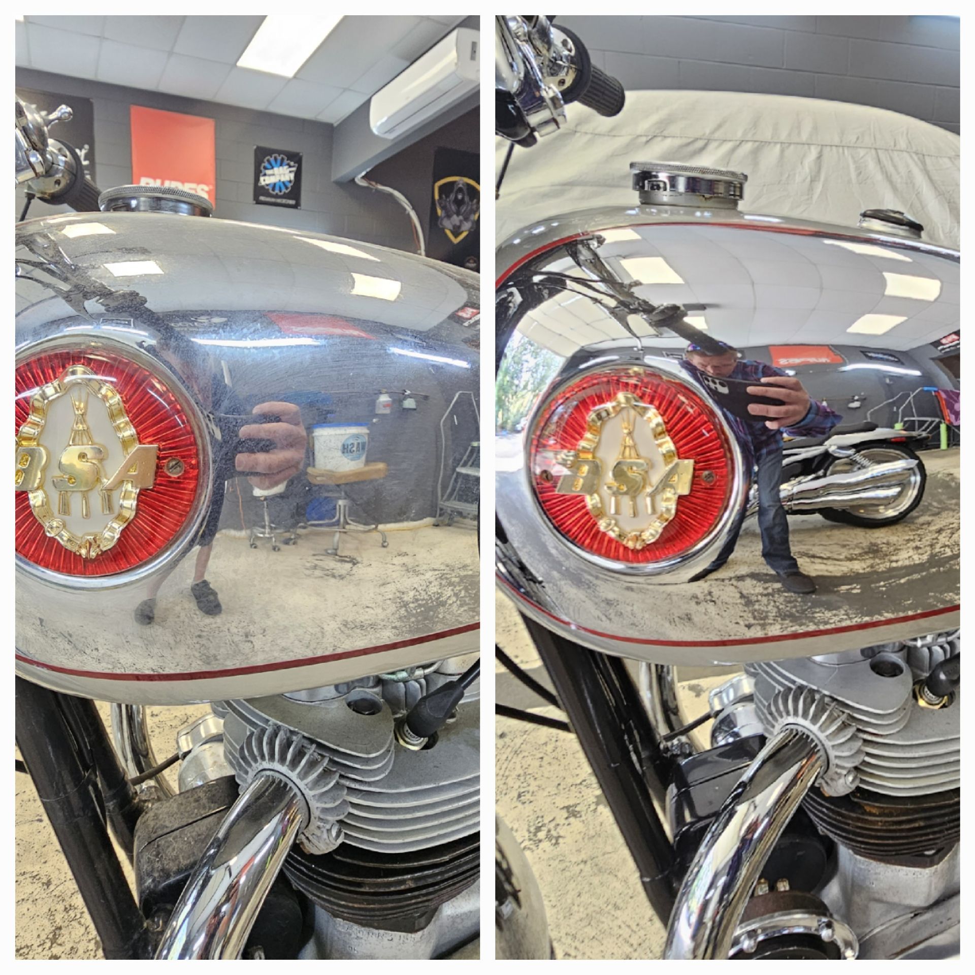 A man is taking a picture of a motorcycle in a showroom.