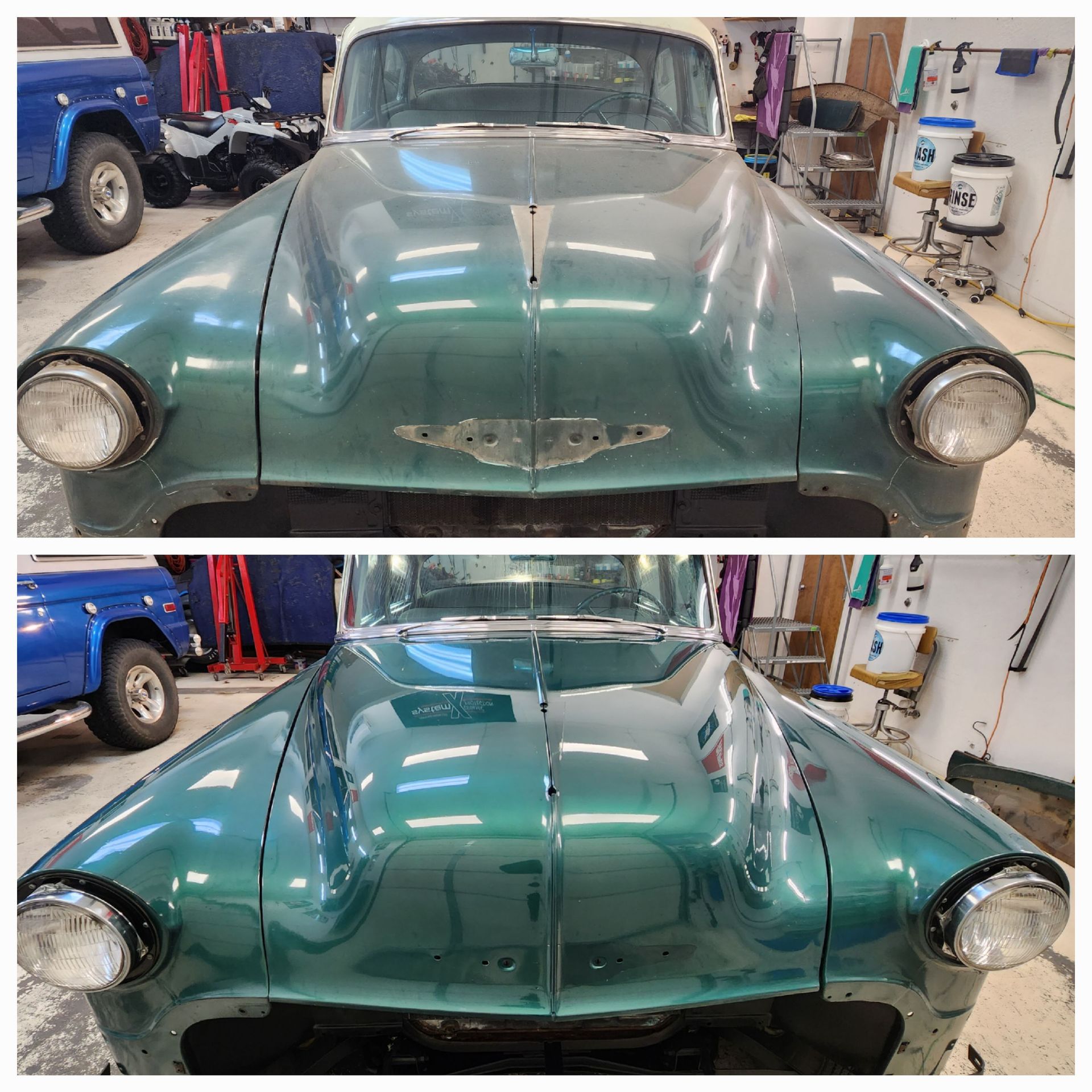 A before and after photo of a green car in a garage
