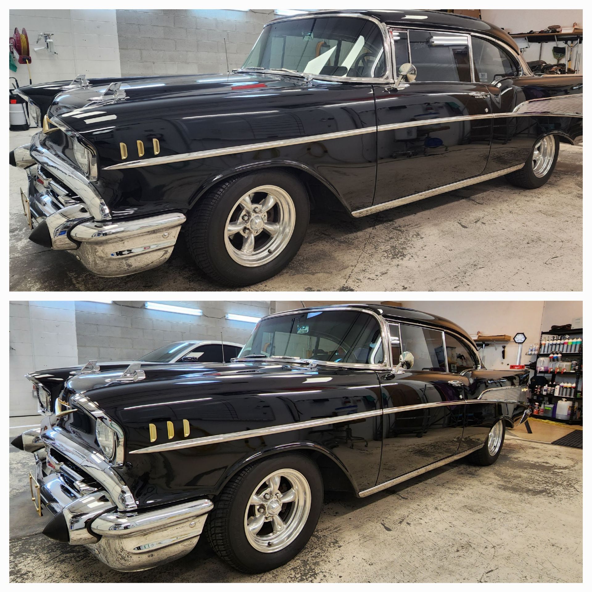 Two pictures of a black car in a garage