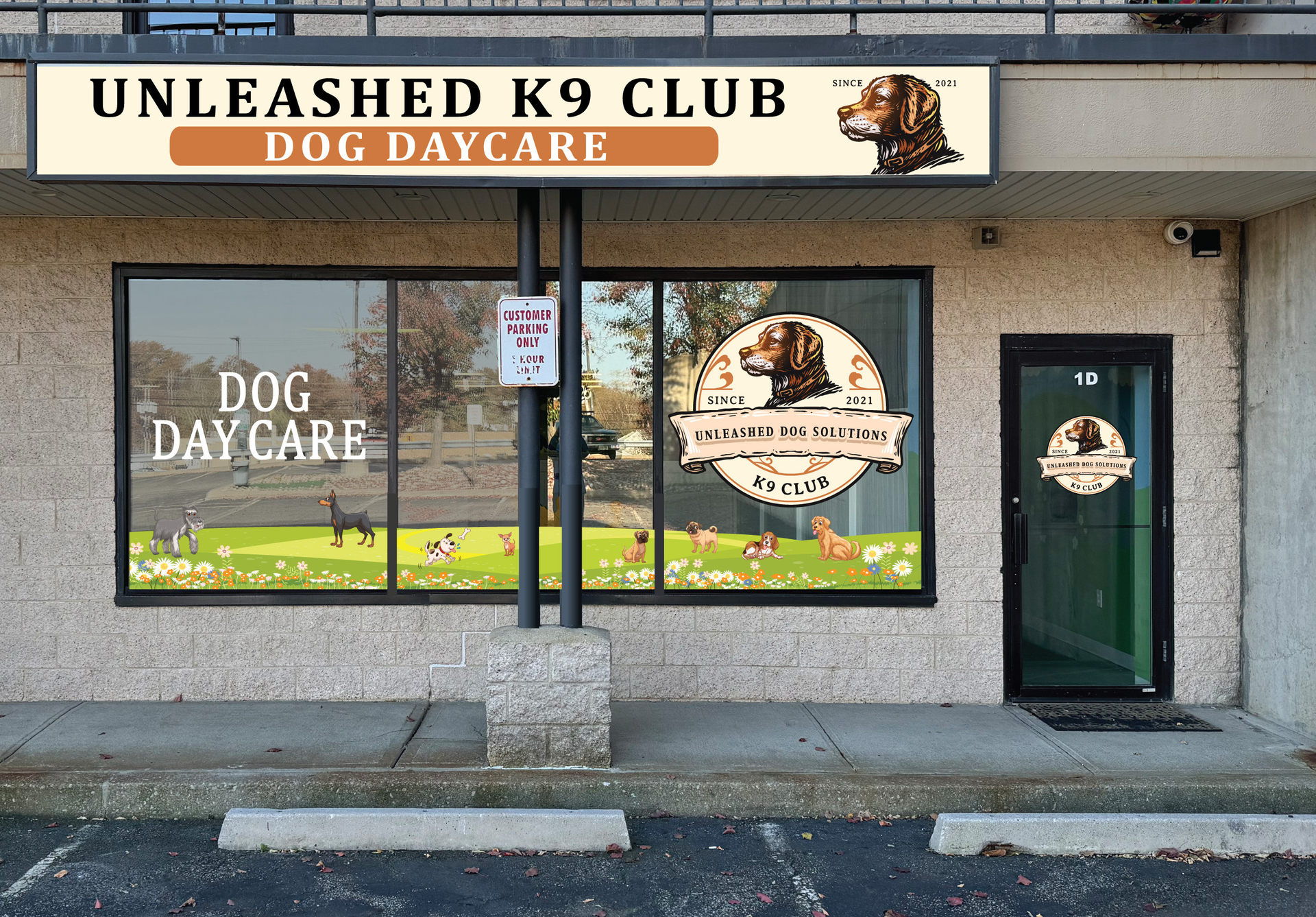 A building with a sign that says unleashed k9 club dog daycare