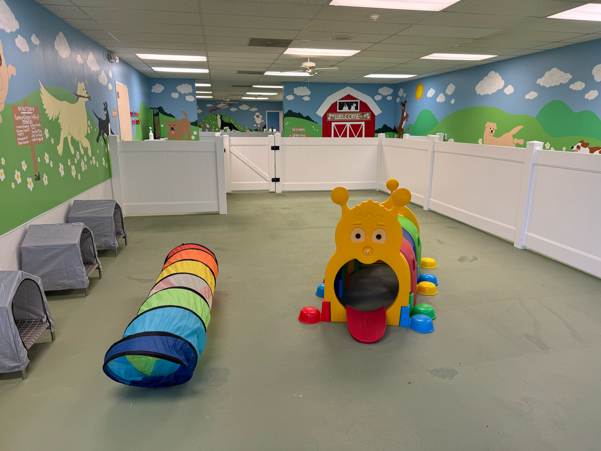 A large room with a rainbow tunnel and a toy caterpillar.