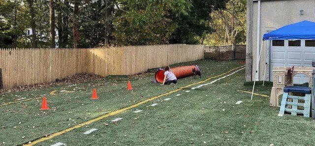 A person is running through a tunnel in a backyard.