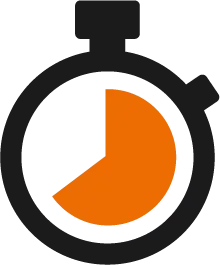 A black and orange icon of a stopwatch with a half circle in the middle.