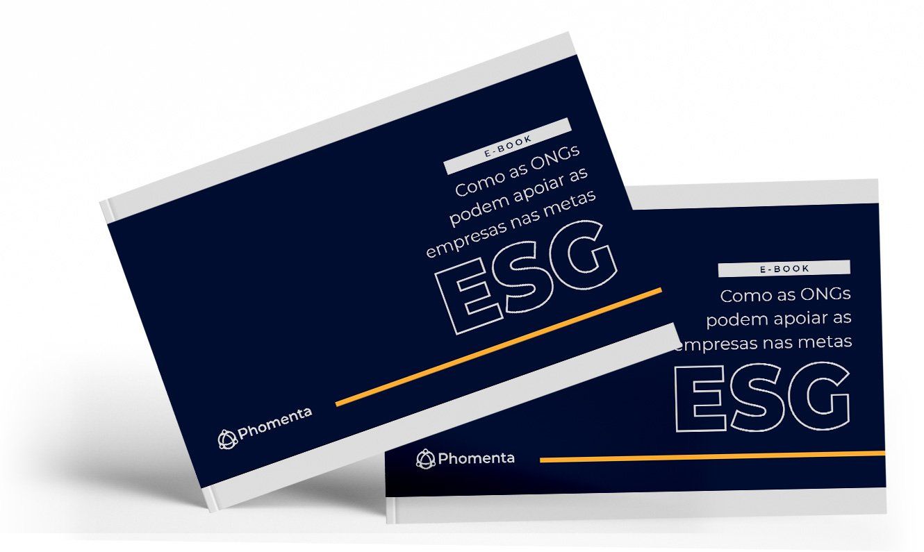 Dois folhetos ESG azul-marinho com detalhes em branco e dourado.