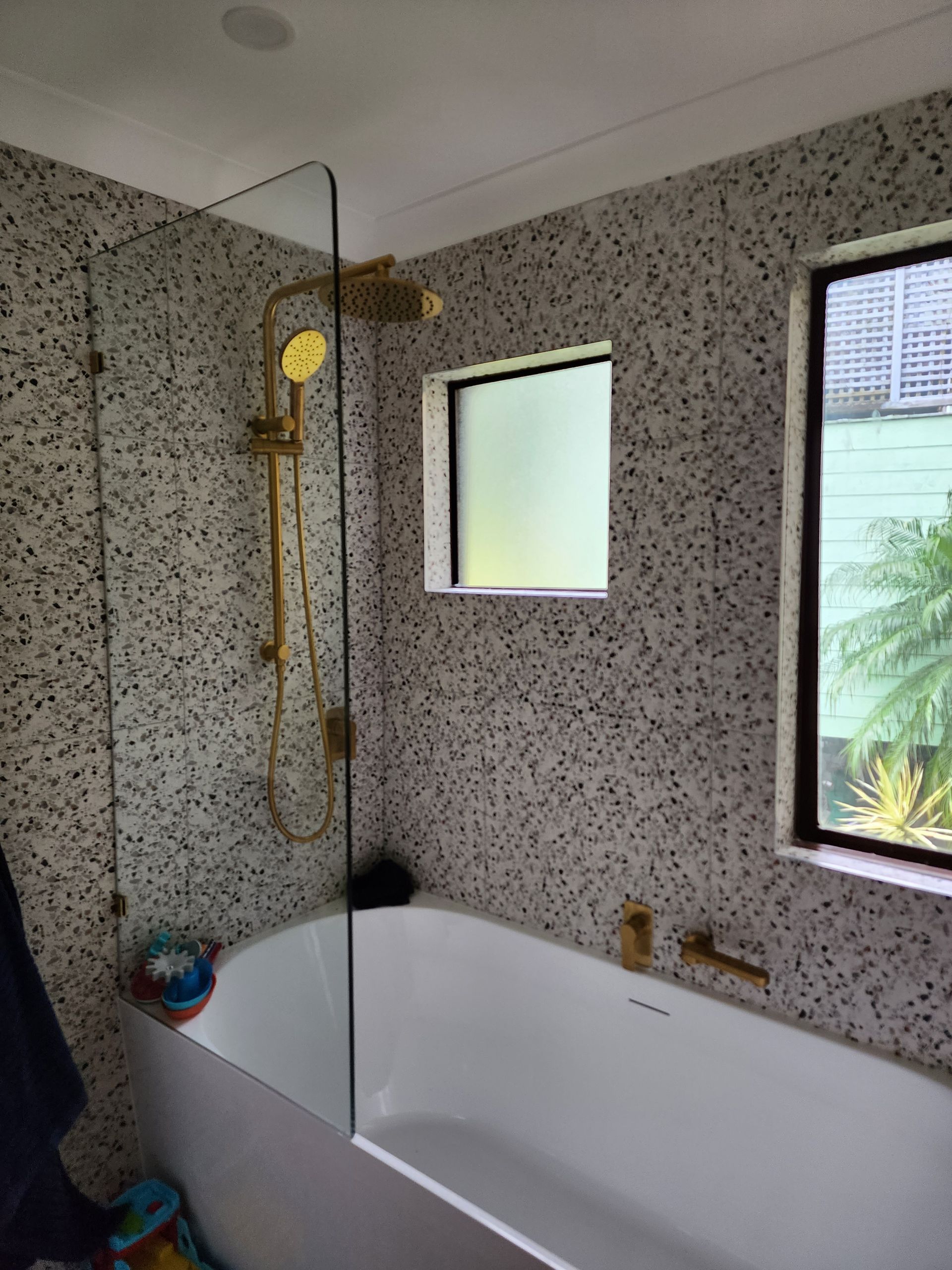 A Bathroom With A Toilet And A Walk In Shower — Lumba Glass & Glazing In Kincumber, NSW