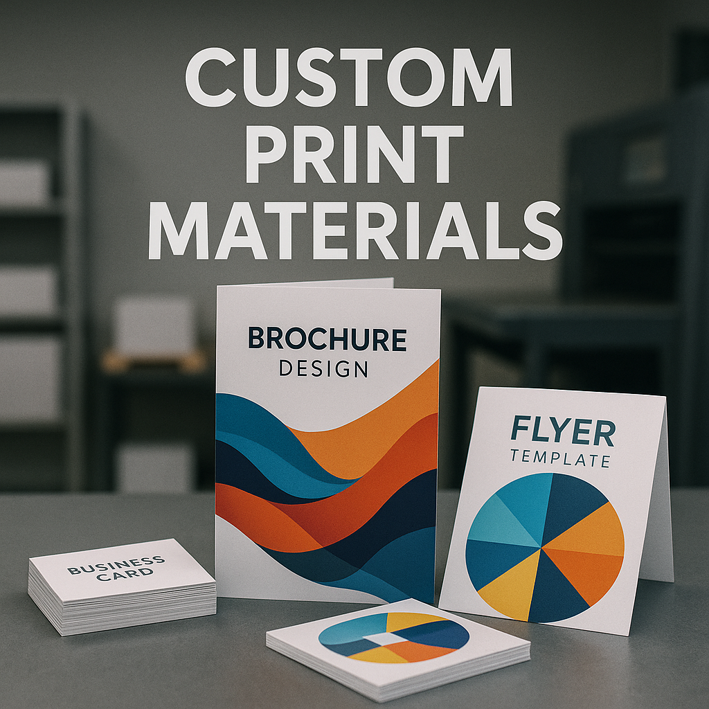 Custom print materials from Prestige Printing & Graphics in San Ramon, CA, showcasing vibrant brochures, flyers, and business cards for brand visibility.
